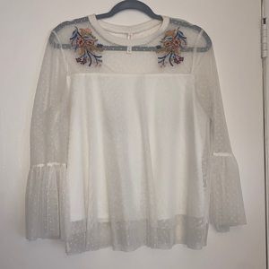 Embroidered mesh long sleeve ruffle top